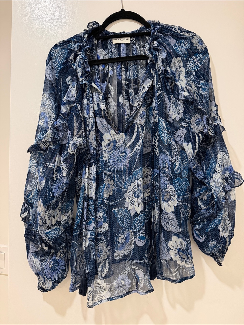 Miss June Blue Floral Ruffle-Trim Sheer Blouse
